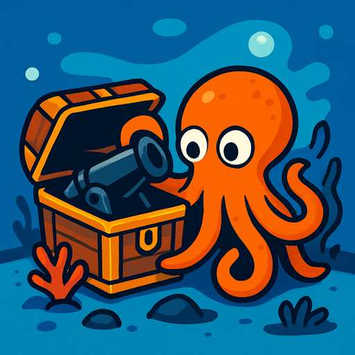 un pulpo naranja abriendo un cofre del tesoro donde encuentra en el fondo marino dentro de ese cofre un cañon nergro donde.
In-Game asset.  2d.  High contrast.  No shadows