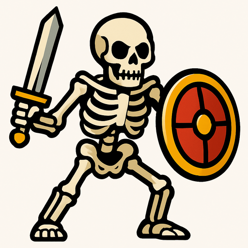un esqueleto con espada y escudo.
In-Game asset.  2d.  High contrast.  No shadows