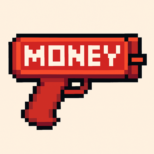 Money gun pixel art. Without money, horizontal. In-Game asset.  2d.  High contrast.  No shadows