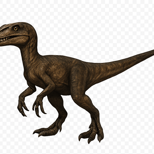 A realistic dinosaur dinosaur depicted in a neutral standing pose on a transparent background. It has a slender, agile body covered with textured brown and dark gray scales. The head is narrow with sharp teeth visible in a slightly open mouth and bright, alert eyes. Its limbs are muscular with sharp claws, and the tail is long and straight, providing balance. The skin texture shows fine scales and subtle muscle definition, emphasizing its role as an early, fast predator..
In-Game asset.  2d.  High contrast.  No shadows