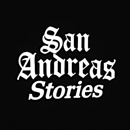 letras blancas con un contorno negro con cursiva. que dicen san andreas stories
In-Game asset.  2d.  High contrast.  No shadows con el tipo de letra del el juego gta san andreas