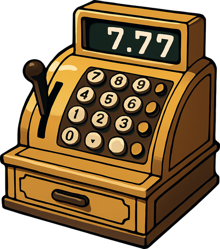 An old style cash register. The numeric read out says 7.77. Anime style..
In-Game asset.  2d.  High contrast.  No shadows