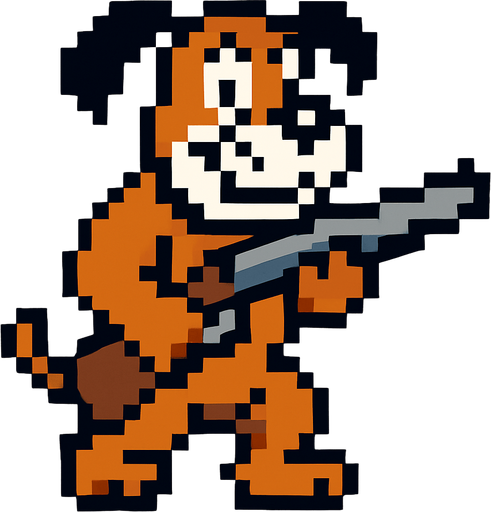 pixart hunting brown dog with black ears and white mouth holding a gun.
In-Game asset.  2d.  High contrast.  No shadows