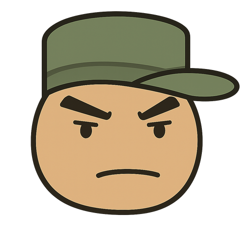 an angry character that has a soldier hat on his head. No background. Transparent background. Blank background. No shadows. 2d. In-Game asset. flat