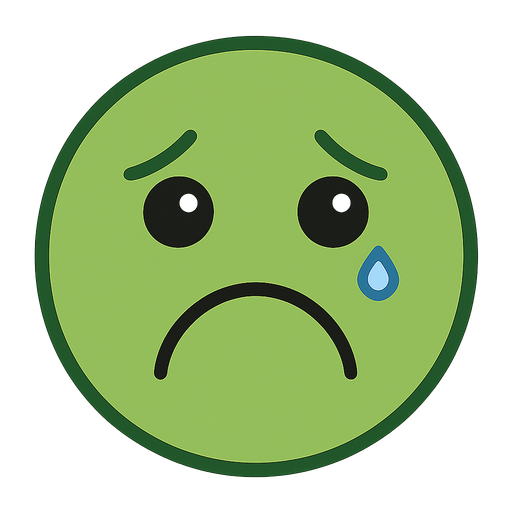 perfectly round, green sad face. No background. Transparent background. Blank background. No shadows. 2d. In-Game asset. flat