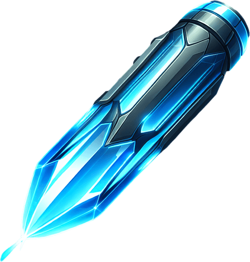 A 2D top-down view of a futuristic energy bullet for a space shooter game. The bullet is a glowing blue plasma projectile with a sleek, elongated shape and a slight energy trail behind it. The design is simple, bright, and high-speed-looking, suitable for fast-paced shooting gameplay.
Single Game Texture.  In-Game asset.  Blank background.  High contrast.  No shadows