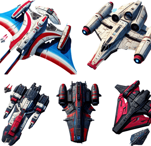 pack de starship, hero, nave espacial, de espalda, legendary galaxy starchip, colores vibrantes, colorida, colores rojo y balco, azul y blanco, negro y rojo, naves.
Single Game Texture. In-Game asset. 2d. Blank background. High contrast. No shadows.