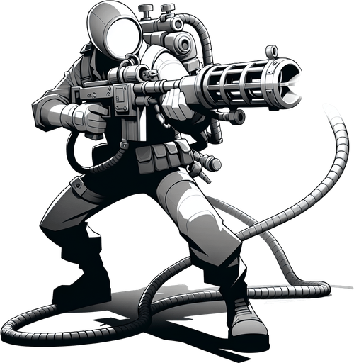character with vaccum gun aiming front
  In-Game asset..
Single Game Texture.  In-Game asset.  2d.  Blank background.  High contrast.  No shadows