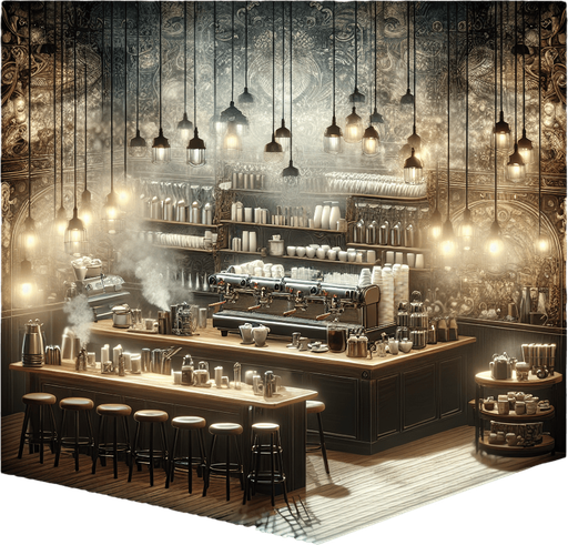 High end Coffee Shop.
Single Game Texture. In-Game asset. 2d. Blank background. High contrast. Shadows at the bottom.