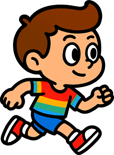 The character is a small 2D cartoon-style human with a big head and simple features. They have large eyes, a small mouth, and wear a colorful T-shirt, shorts, and sneakers. The colors are bright and friendly to make the character look playful and fun. The game is shown from a side view, so the character is always seen from the side. Only provide the running sprite, showing the character moving with simple leg and arm movements..
In-Game asset.  2d.  High contrast.  No shadows