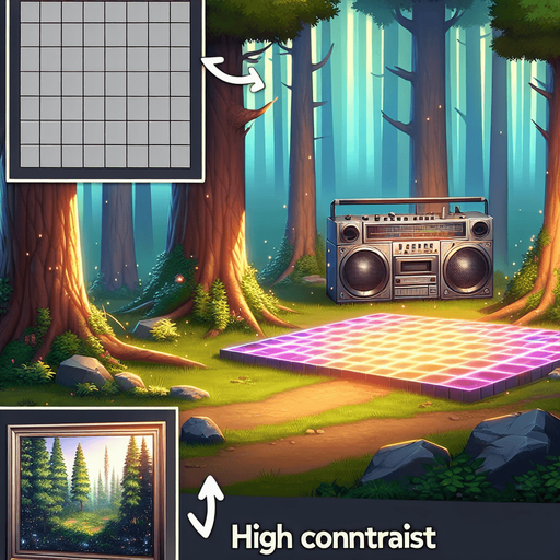 A forest with boombox, dance floor and mirror Single Game Texture. In-Game asset. 2d. Blank background. High contrast. No shadows.