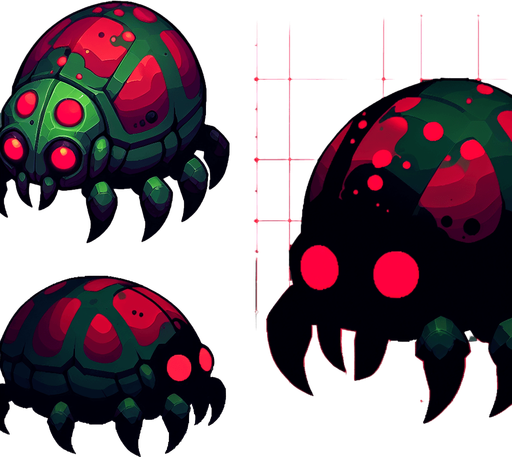 a cartoon bug. evil looking. dark green and red color..
Single Game Texture. In-Game asset. 2d. Blank background. High contrast. No shadows.