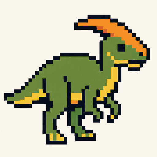 Make it 8 bit style dinosaur parasaurus cartoon character.
In-Game asset.  High contrast.  No shadows
