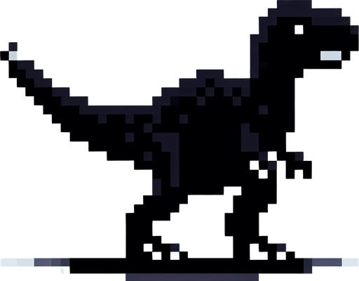 sağa dönük simsiyah pikselli dinozor.
Single Game Texture.  In-Game asset.  2d.  Blank background.  High contrast.  No shadows