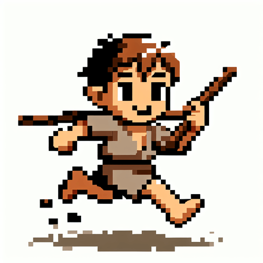 Pixel art,   kid running with a stick..
Single Game Texture. In-Game asset. 2d. Blank background. High contrast. No shadows.