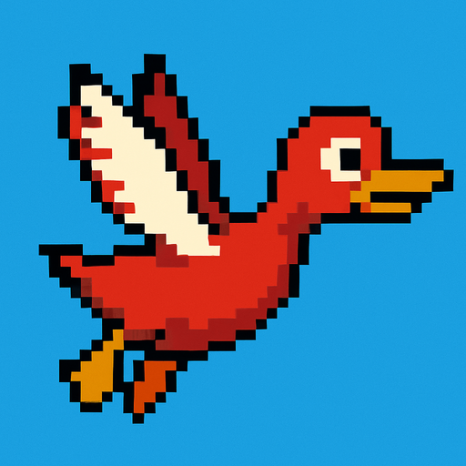 pixart red duck flying.
In-Game asset.  2d.  High contrast.  No shadows