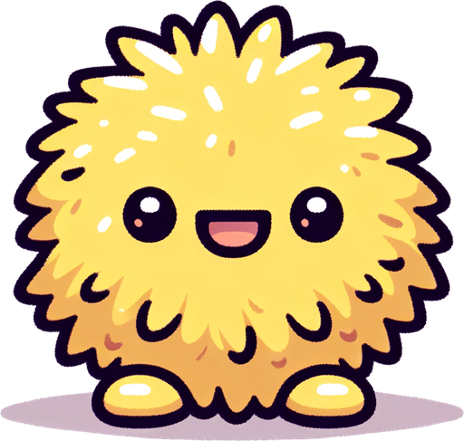 a yellow furry cuddly ball of fur. little feet. No ears. cute happy face. Cartoon style. Cute art style. Simple vector style. Pastel colors, flat shaded, vector art. Single Game Texture. In-Game asset. 2d. Blank background. High contrast. No shadows