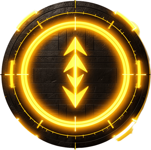 Dark circular power up with three bright yellow arrows pointing upwards.
Game Texture. In-Game asset. 2d. Pixelart. White background. Blank background. Low detail. High contrast.
