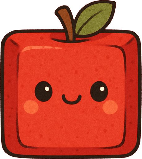 Perfectly square red apple decoration. Cartoon. Cute art style. 2d