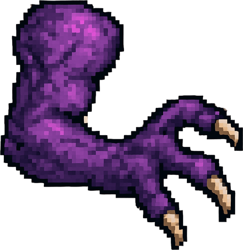 2d pixel art high quality purple monster arm with 3 finger hand.
In-Game asset.  2d.  High contrast.  No shadows