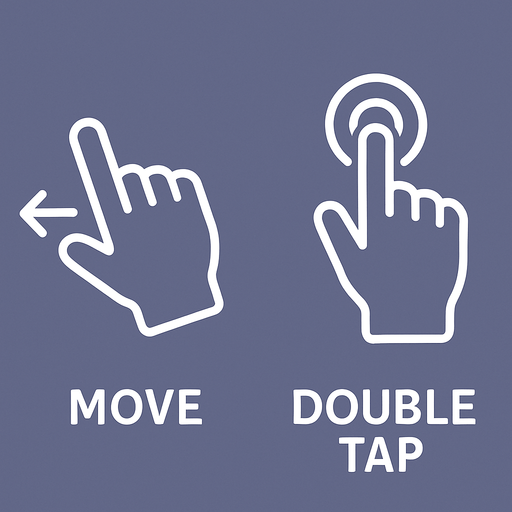 white stroked help illustration indicating move (hand + arrows) and one indicating double tap (hand + circles)