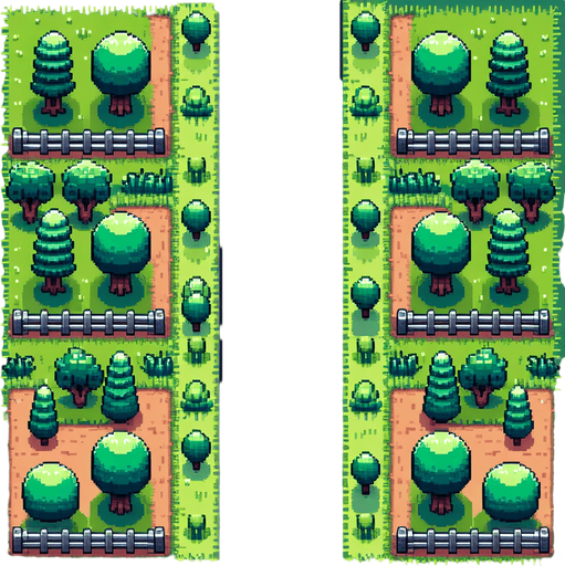 top down seamless vertical scrolling background for an endless driving game , centyral road with 3 lanes sside grass trees, and fences, pixel art style Single Game Texture.  In-Game asset.  2d.  Blank background.  High contrast.  No shadows