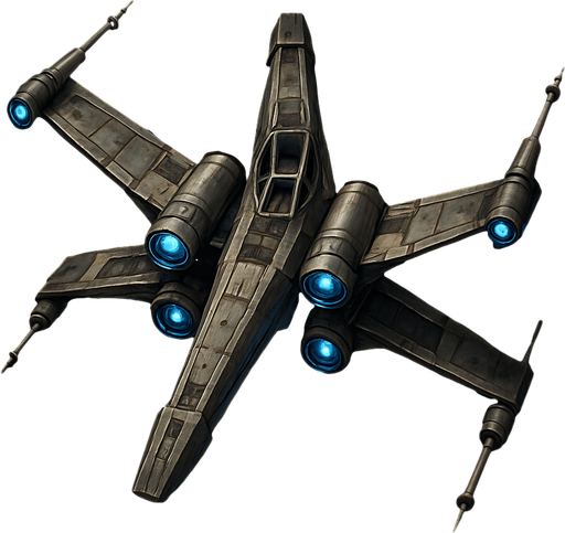 A detailed top-down view of a futuristic sci-fi starfighter inspired by classic space opera aesthetics. The ship has an X-shaped wing configuration with sleek, metallic surfaces, engine nacelles on each wingtip, and a compact central cockpit. The design features weathered textures, battle scars, and glowing blue thrusters. The wings are equipped with small laser cannons at the ends. The background is deep space with stars and a distant nebula. The ship appears to be flying or hovering, with subtle lighting and shadows to enhance depth. Highly detailed, concept art style, 4K resolution. Original and copyright-safe, inspired by retro starfighter designs..
In-Game asset.  2d.  High contrast.  No shadows