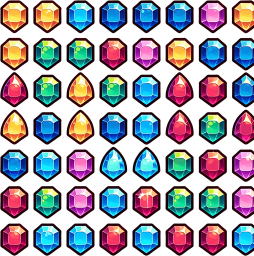 Match 3 gem sprite sheet.
Single Game Texture. In-Game asset. 2d. Blank background. High contrast. No shadows.
