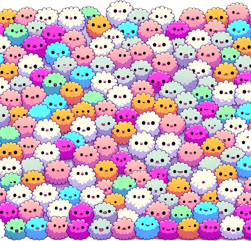 Background for hyper casual puzzle game. a large area covered with thousands of tribble. a furry cuddly ball of fluff. multicouloured. startrek. little cartoon style faces on each of them. Pastel colors, flat shaded, vector art. Single Game Texture. In-Game asset. 2d. Blank background. High contrast. No shadows Single Game Texture. In-Game asset. 2d. Blank background. High contrast. No shadows.