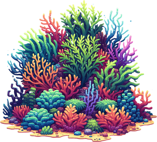 Coral with seeweed inside of it.
Single Game Texture.  In-Game asset.  2d.  Blank background.  High contrast.  No shadows