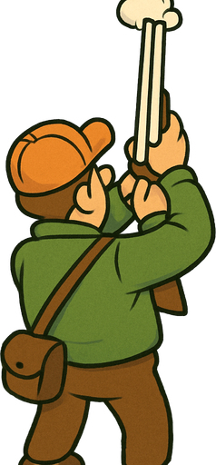 cartoon style back view duck hunter use white shootgun straight vertical shoot act.