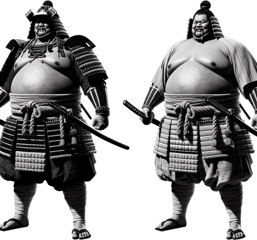 a samurai sumo big in size.
Single Game Texture. In-Game asset. 2d. Blank background. High contrast. No shadows.