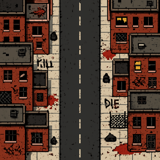 una calle muy ancha de un vecindario peligroso hecho con pixeles y la perspectiva desde el cielo
In-Game asset.  2d.  High contrast.  No shadows