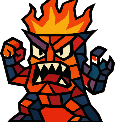 Aşırı kızgın, hatta kafasından alevler çıkan, kübizm tarzında bir canavar çiz..
In-Game asset.  2d.  High contrast.  No shadows