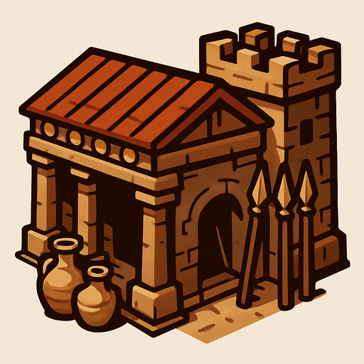 Anciet world barracks, no words.
In-Game asset.  2d.  High contrast.  No shadows