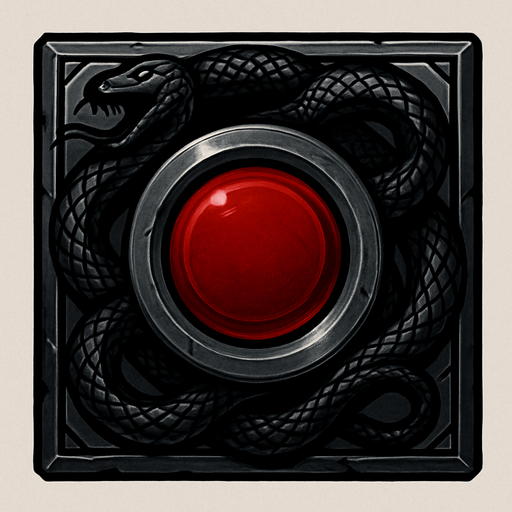 Metallic button frame, black snake patterns around, red middle of the button, metal gray frame.
In-Game asset.  2d.  High contrast.  No shadows