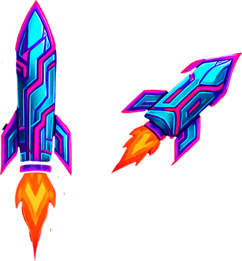 Pack of cyber rocket shot assets. small fire on the back. mixed cyberpunk + abstract lines. Vertical rocket going up. Horizontal rocket going right. No diagonal rocket. HD colors
In-Game asset.  2d.  High contrast.  No shadows.