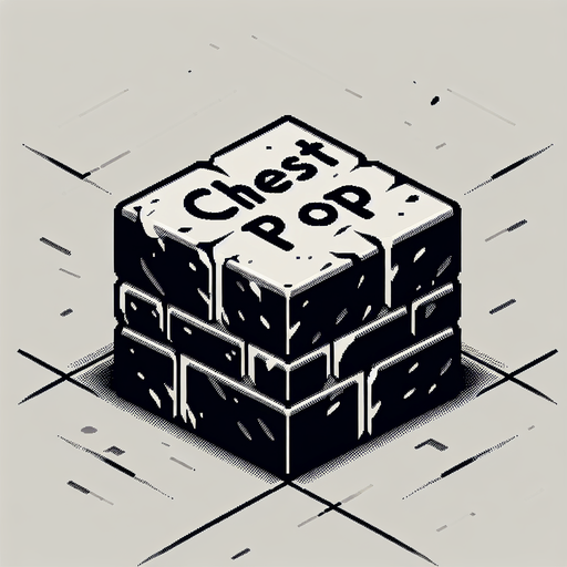 a forward facing brick with the writing "Chest Pop" Single Game Texture. In-Game asset. 2d. Blank background. High contrast. No shadows.
