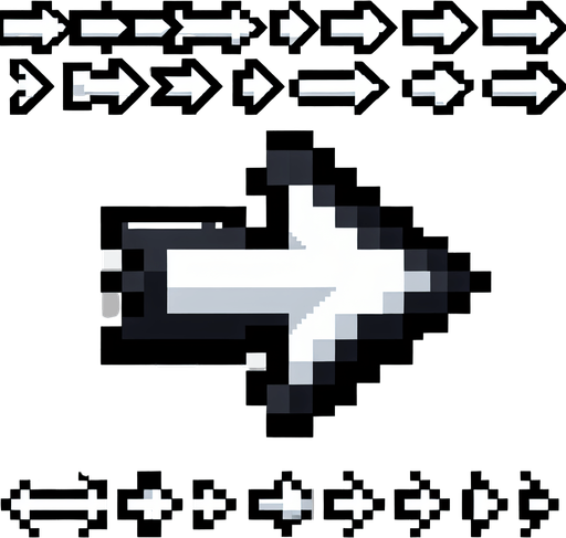 Create a sprite sheet featuring a white arrow with a black outline. The arrow should be detailed with distinct features and pixel art styling reminiscent of classic 32-bit era video games. Ensure the arrow stands out against any background with its contrasting colors. Arrange the arrows neatly on a transparent background for easy identification and integration into game development..
Single Game Texture. In-Game asset. 2d. Blank background. High contrast. No shadows.