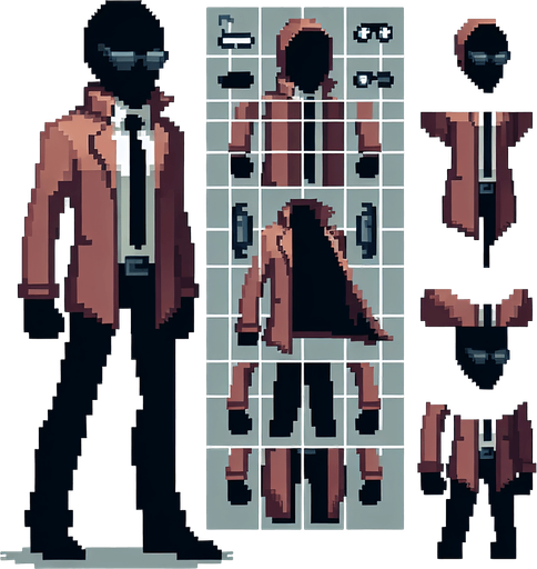 uma spritesheet de um espião desconhecido, a segunda sprite é dele abrindo sua jaqueta para mostrar os itens que ele tem pixel art.
Single Game Texture. In-Game asset. 2d. Blank background. High contrast. No shadows.