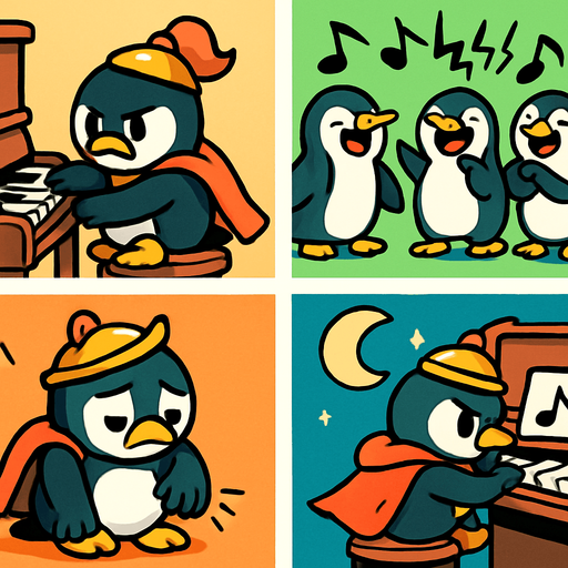 4-panel comic strip, no text, cute cartoon style, bright colors, black outlines.
Characters: Penguin Hero (small, determined) + Village Penguins
Central Theme: Music connects hearts, piano mastery wins love. Story: Hero faces challenges and obstacles in his musical journey

Panel 1: Hero struggles with difficult piano piece, frustrated
Panel 2: Other penguins mock his practicing, musical notes look harsh/jagged
Panel 3: Hero's flippers are sore, he looks exhausted
Panel 4: But Hero persists, practicing by moonlight, determined expression
In-Game asset.  2d.  High contrast.  No shadows