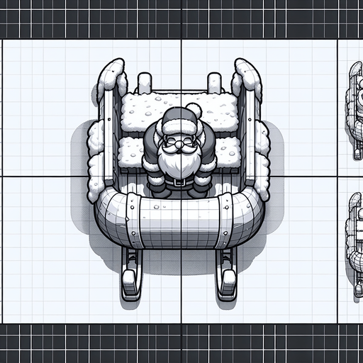 Santas sled, with santa in it Single Game Texture. In-Game asset. 2d. Blank background. High contrast. No shadows. Top down view