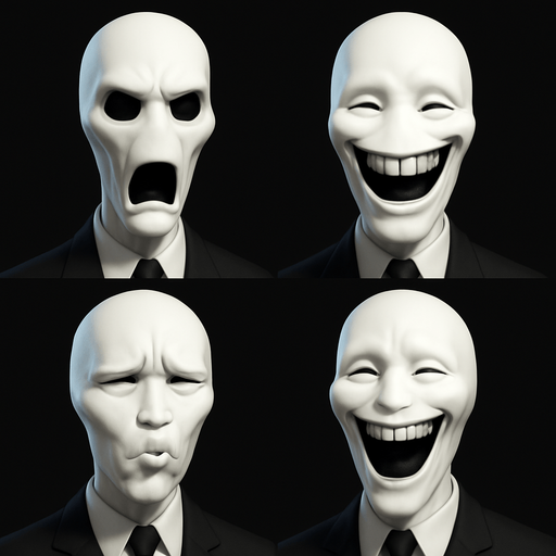 3D Slenderman scary and funny face meme, different faces look,face only
In-Game asset.  High contrast.  No shadows. 3D