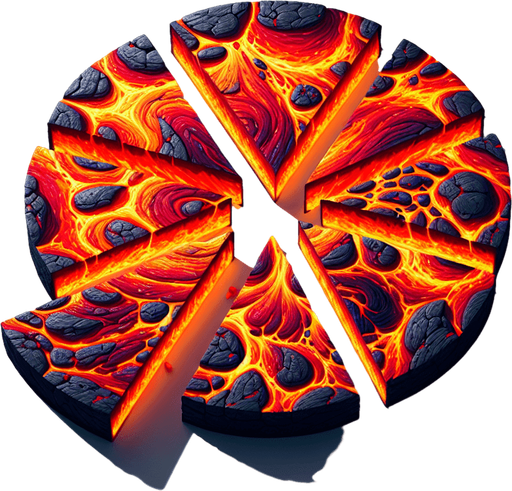 top view of a circle of hot magma sliced into many pieces, flat image...
2d, white background, shadowless.