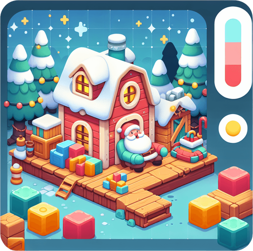 Background for hyper casual puzzle game. Showing Santas workshop. Pastel colors, flat shaded, vector art. Single Game Texture. In-Game asset. 2d. Blank background. High contrast. No shadows.