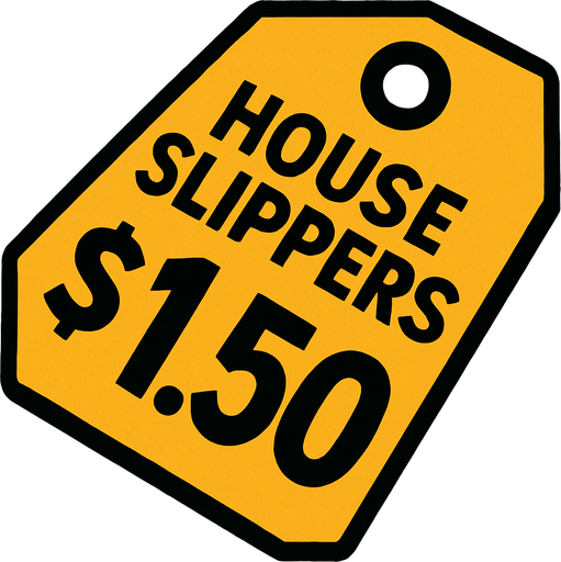 price tag that says house slippers $1.50.
In-Game asset.  2d.  High contrast.  No shadows