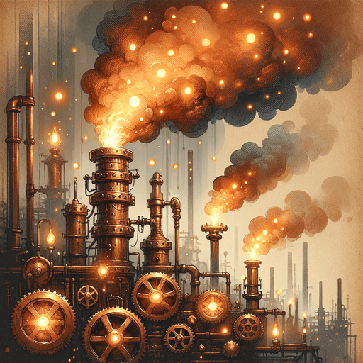 A hand-painted, steampunk-style illustration of billowing steam and smoke, rich with warm copper tones and industrial textures. The vapor swirls dynamically around intricate brass gears and pipes, glowing with subtle orange highlights as if lit by flickering gaslight. The painting style should mimic traditional concept art with visible brush strokes, soft edges, and a slightly weathered, vintage feel. The background features hints of a dimly lit factory, with atmospheric perspective fading into deep browns and blues. The steam itself appears thick, almost liquid, with a mix of transparency and volumetric density, evoking a sense of pressurized heat. Artstation trending, fantasy illustration, painterly style, warm lighting.
Single Game Texture.  In-Game asset.  2d.  Blank background.  High contrast.  No shadows