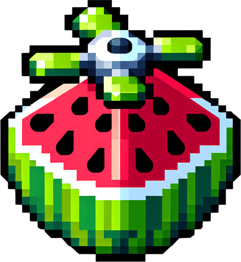 8-bit pixelated isometric cute watermelon with a rotor above.
Single Game Texture. In-Game asset. 2d. Blank background. High contrast. No shadows.