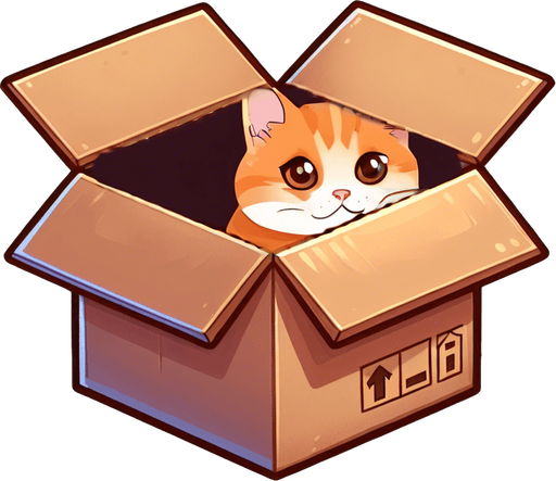 cute Chibi ginger cat look from the box into the camera. Cheeky, happy. Dark Brown eyes