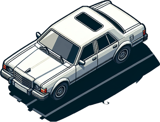 top down look on white civillian car no background vertical.
Single Game Texture.  In-Game asset.  2d.  Blank background.  High contrast.  No shadows